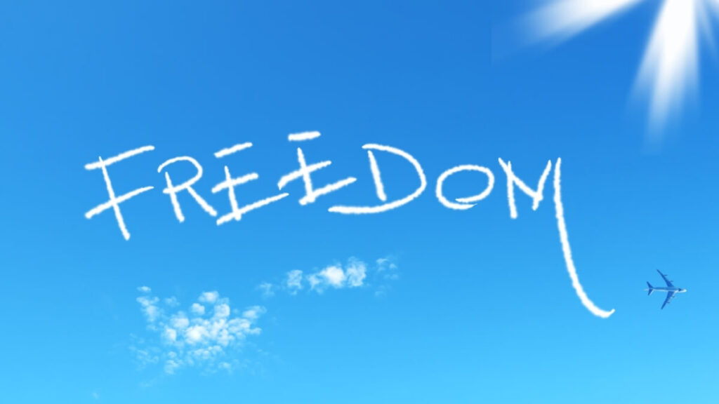 空に「FREEDOM」の文字が飛行機雲で書かれている画像