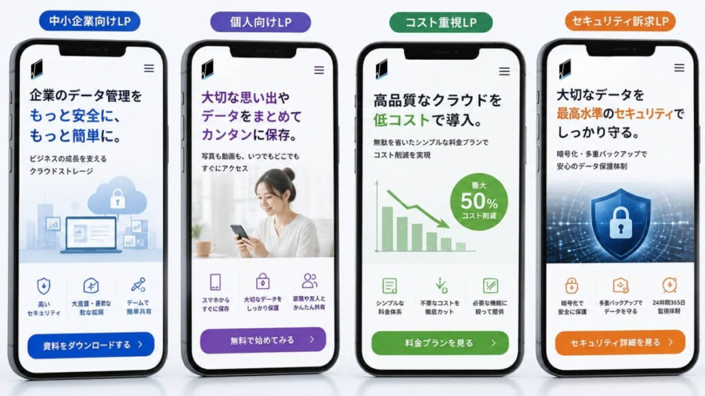 1つの商材で複数のターゲットごとに制作されたLPの画面がスマホに映し出されている