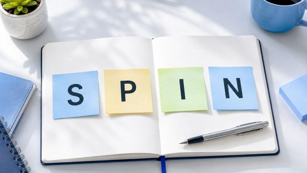 ノートに貼られた「SPIN」の付箋メモ