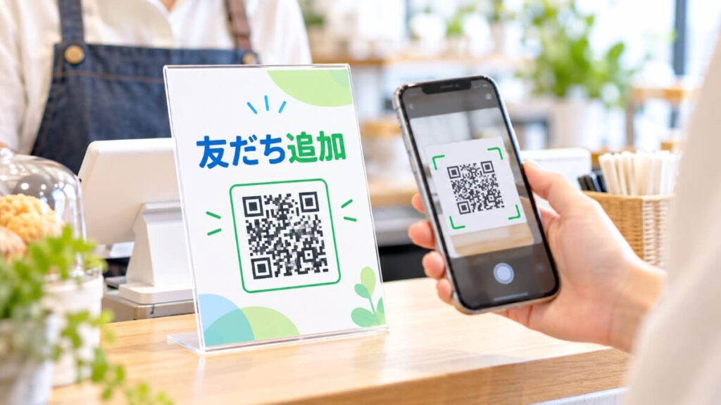 お客様が店頭の友達追加のポップのQRコードを読み込もうとしている様子