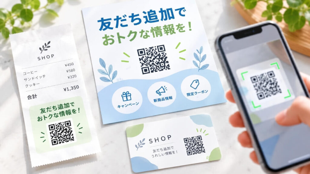 レシートやチラシやショップカードがテーブルに置いてあり、それぞれにQRコードが付いている様子