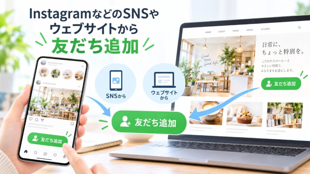 インスタグラムやウェブサイトに友達追加ボタンがあり、そこからLINEに連動しているイメージ画像