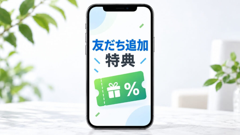 スマホの画面いっぱいに友達追加特典という文字があり、割引クーポンが付いているようなイメージ画像