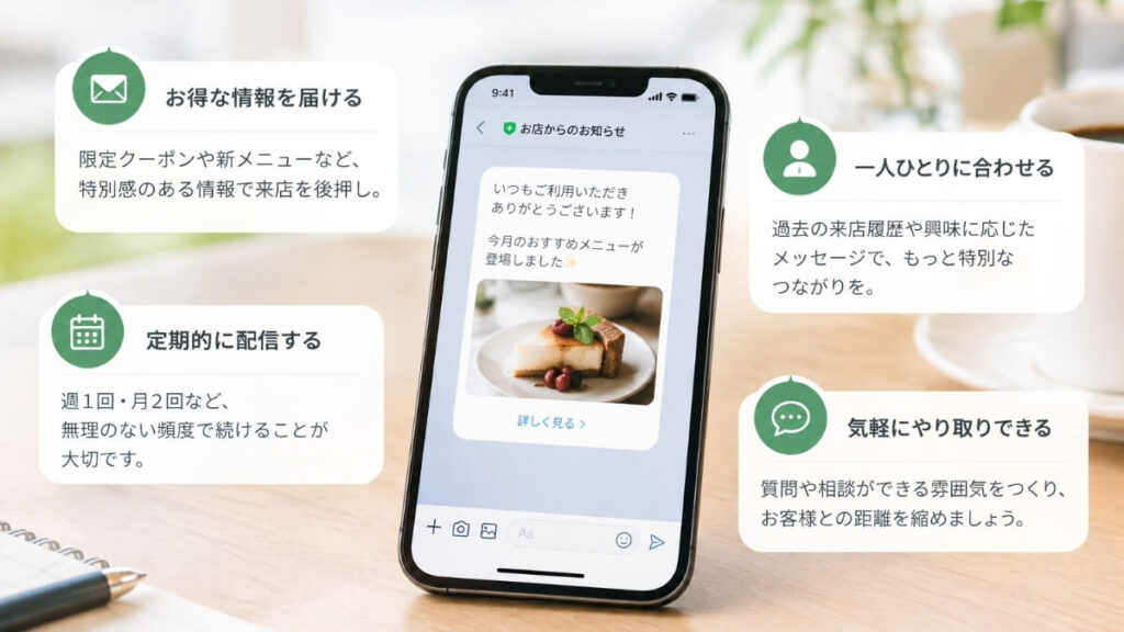 リピーターを増やす配信の構図を見出しと簡単なリード文でまとめている画像