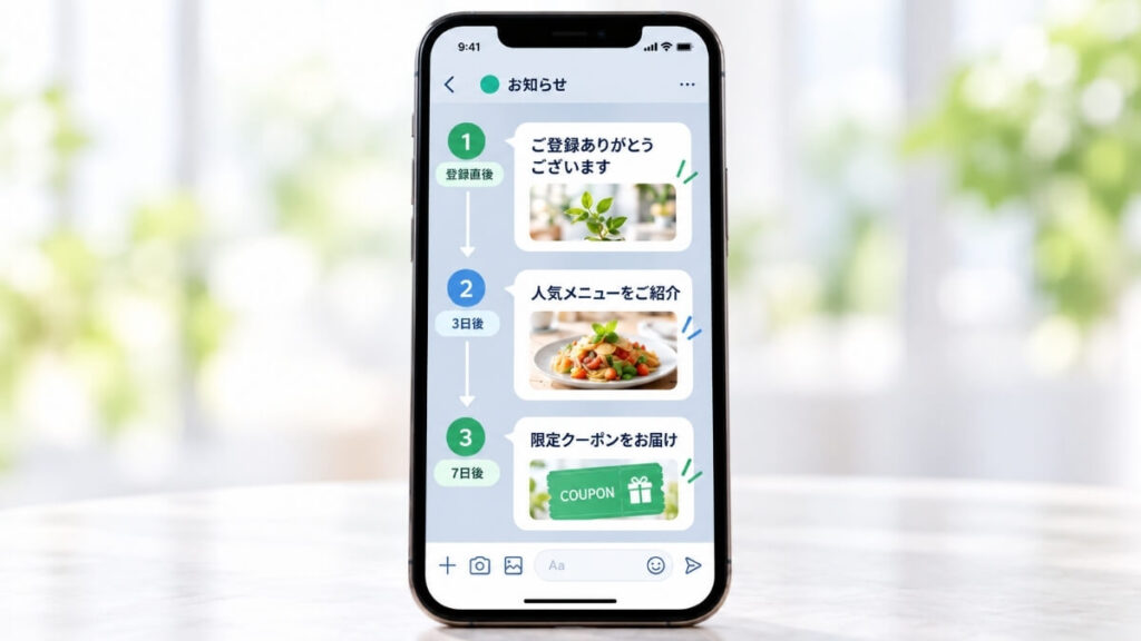 LINEの画面でステップ配信が行われている様子のイメージ画像